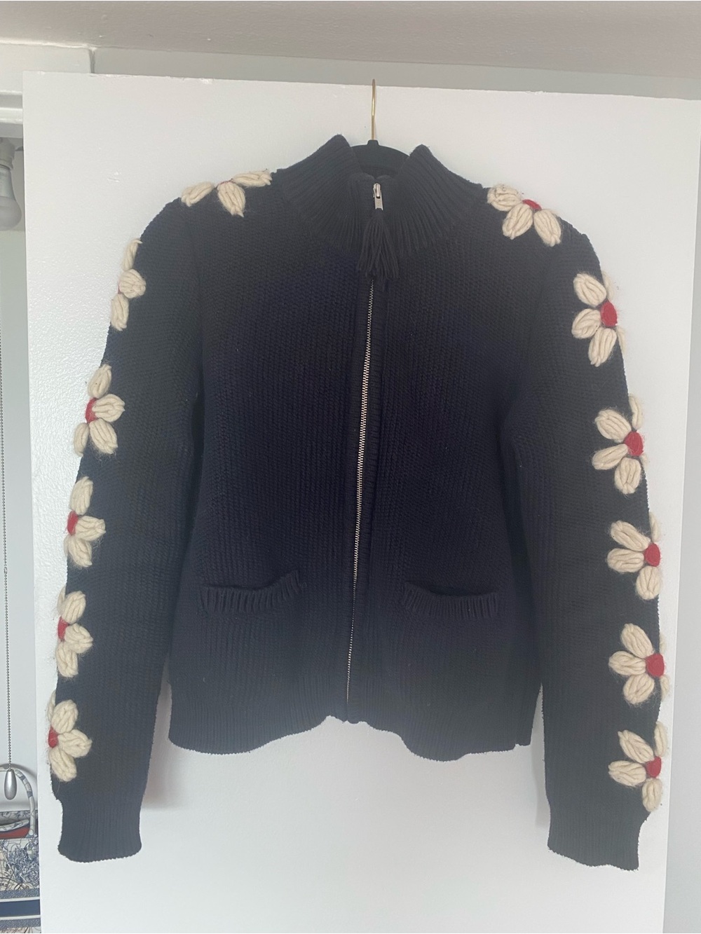 Tory Burch Black Zip-Front Knit Bomber with Ivory & Red Floral Trim